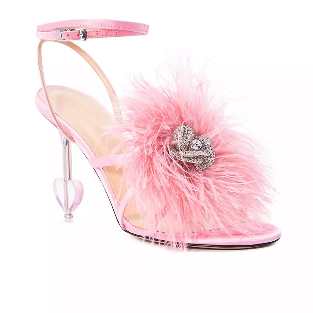 MACH & MACH Pink Feather Heels with Silver Accents